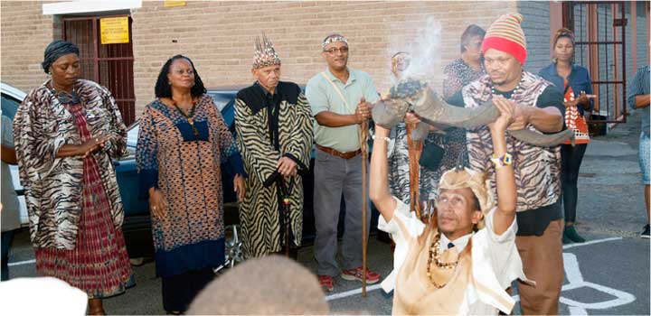 Performing the Kudu horn (Xaib //nâb) Ceremony showing Bradley van Sitters,Abraham Kayzer,Headwoman Georgina Katasie, Elder Alice Thiam, Paramount Chief Hennie van Wyk, Commissioner Johnathan Muller, Khoe Anna Boer