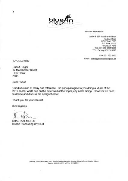 Endorsement letter by Shantaal Meter, CEO of Bluefin Processing