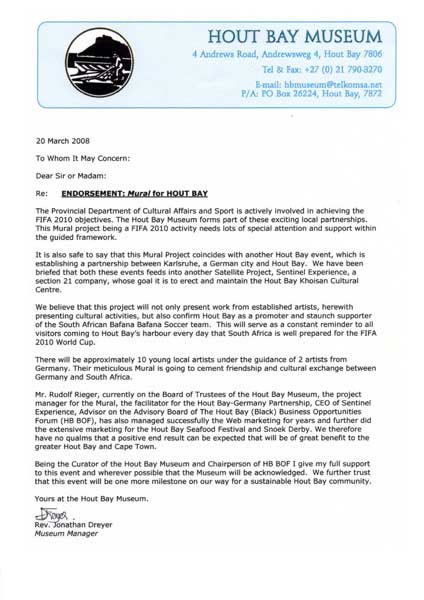 Endorsement letter by Jonathan Dreyer, Curator of the Hout Bay Museum