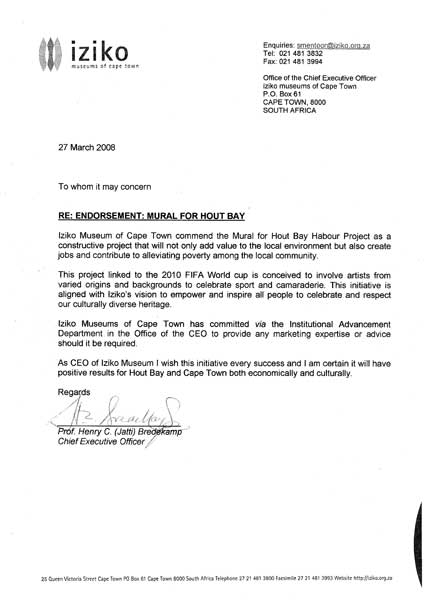 Endorsement letter by Prof Jatti Bredekamp, CEO of the IZIKO Museums
